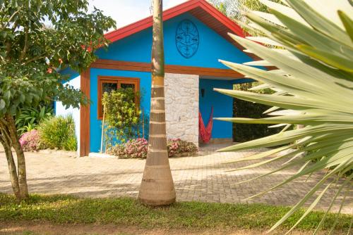 a blue building with a palm tree in front of it at Pousada Déllis in Visconde De Maua