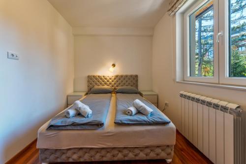 Un dormitorio con una cama con dos almohadas y una ventana. en Villa 64 Zlatibor, en Zlatibor