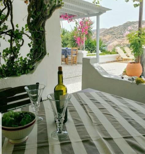 a table with a bottle of wine and a bowl of fruit at Avgerinou Studios in Paliochori