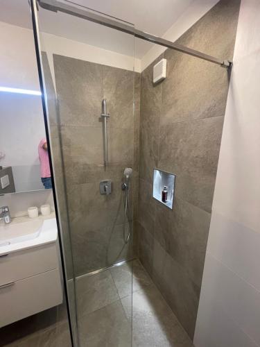 prysznic ze szklanymi drzwiami obok umywalki w obiekcie Appartement Wieser w Kaprunie