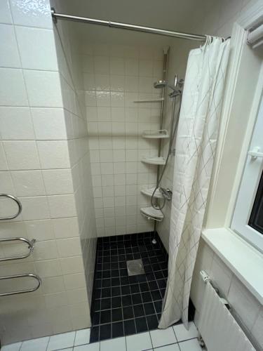 a bathroom with a shower with a black tile floor at Noah Longstay Apartment in Västerås