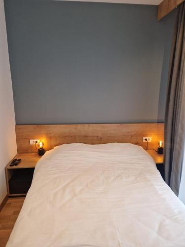 a bedroom with a white bed with two lights on it at Mountain Dreams in Divčibare