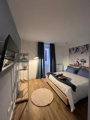 una camera con un grande letto e una televisione di Residenza San Rocco ''Suite sul lago'' a Orta San Giulio