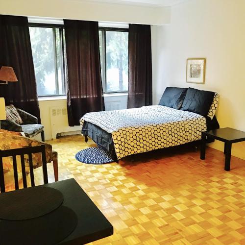 蒙特婁的住宿－Stylish Montreal Apartment: Comfortable Stay in the Golden Square Mile，一间卧室,在房间内配有一张猎豹印花床