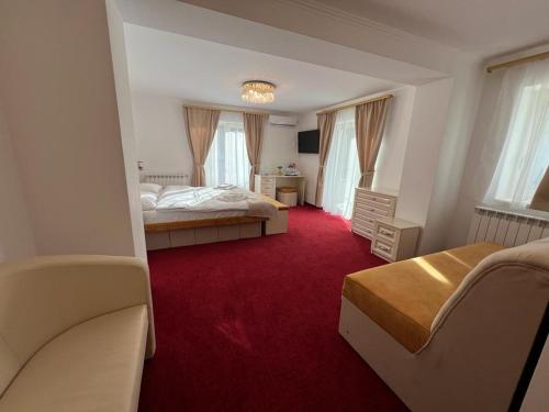 - une chambre avec 2 lits et un tapis rouge dans l'établissement PARC PINI RESORT, à Moineşti