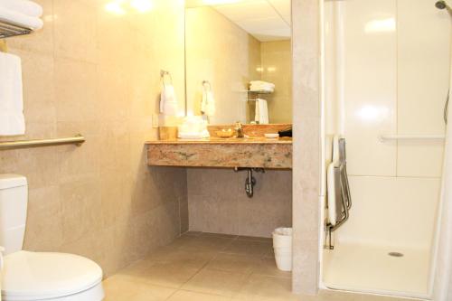 a bathroom with a sink and a toilet and a shower at Cape Cod Irish Village - The Emerald Resort in Barnstable