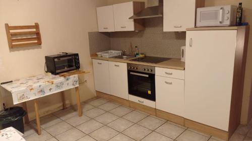 a kitchen with a sink and a refrigerator and a microwave at Gästezimmer Sommer Locktow in Locktow