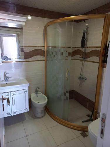 uma casa de banho com um chuveiro, um WC e um lavatório. em شقة عائلية في ريف اسطنبول em Arnavutköy