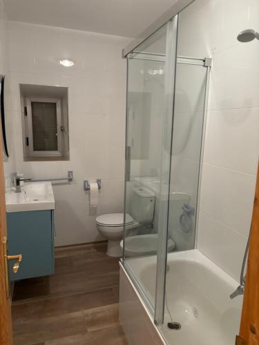 a bathroom with a toilet and a glass shower at CASERIO LA SEVILLANA in Baeza