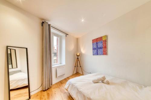 une chambre avec un lit et un miroir dans l'établissement Le Victor Hugo - T2 cosy Horloge-Tassin, à Tassin-la-Demi-Lune