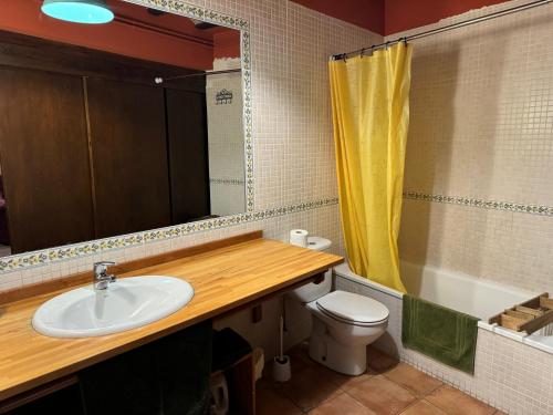 uma casa de banho com um lavatório, um WC e um espelho. em Ca la Bet em Claravalls