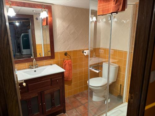 a bathroom with a toilet and a sink and a shower at Ca la Bet in Claravalls