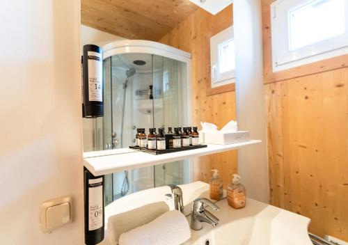 uma casa de banho com um lavatório e um espelho sobre um lavatório. em 1A Chalet Eck - Wandern und Grillen, Panorama Sauna! em Klippitztorl