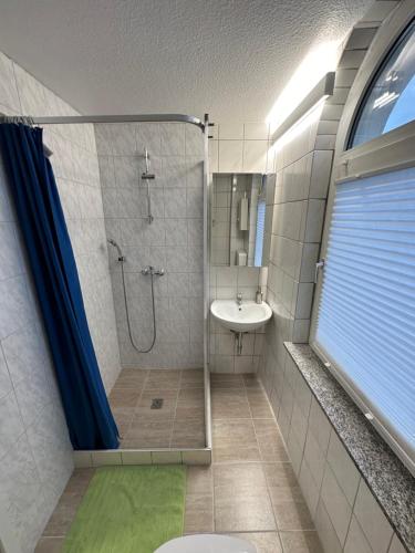 ein Bad mit einer Dusche und einem Waschbecken in der Unterkunft Haus Medaillon in Hamm