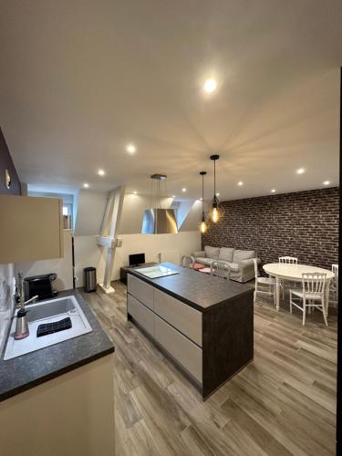une cuisine et un salon avec un canapé et une table dans l'établissement Appartement à Beaune avec Parking, à Beaune