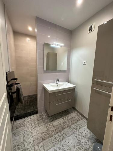 La salle de bains est pourvue d'un lavabo et d'un miroir. dans l'établissement Appartement à Beaune avec Parking, à Beaune