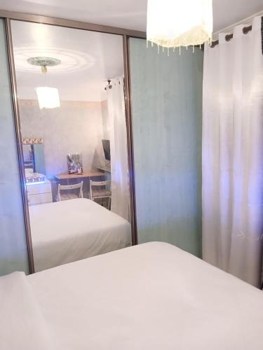 a bedroom with two beds and a mirror at PARADIS CHAMBRES D'HÔTES PROCHE PARIS - AÉROPORT CHARLES DE GAULLE AIRPORT - PARC DES EXPOSITION VILLEPINTE - DYSNAYLAND PARIS. in Tremblay En France