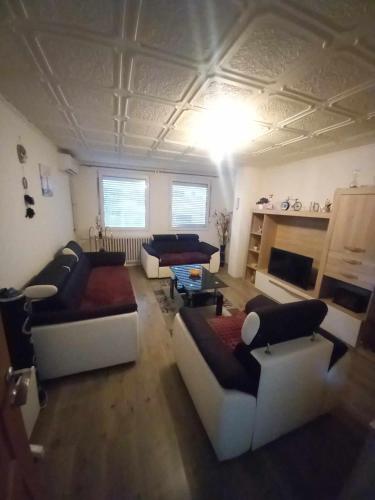 una gran sala de estar con sofás y chimenea. en Apartman Pava en Bosanska Gradiška