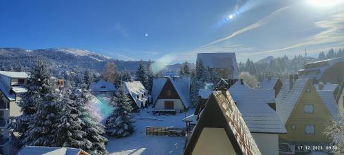 ein schneebedecktes Dorf mit Bäumen und Gebäuden in der Unterkunft Apartman Standard Lux u Kraljevim Čardacima in Kopaonik