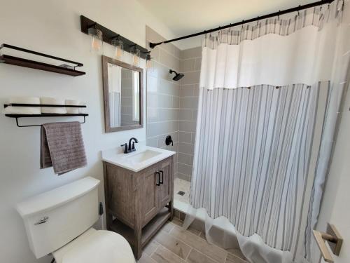 a bathroom with a white shower curtain and a sink at Room for rent with own bathroom in Hartford