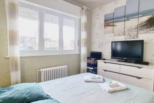 a bedroom with a bed and a flat screen tv at Maison des Marées - Digue de mer in Bray-Dunes