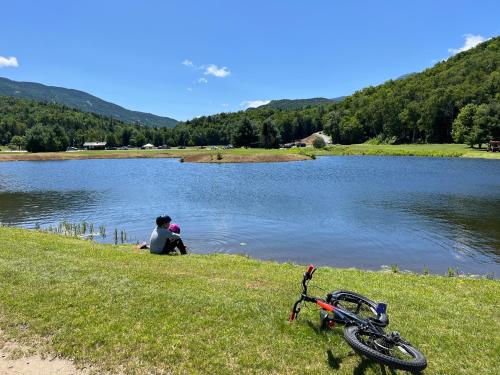 a bike parked on the grass next to a lake at BC Log cabin with private beach river fire pit AC wifi onsite trails ski slope views in Carroll