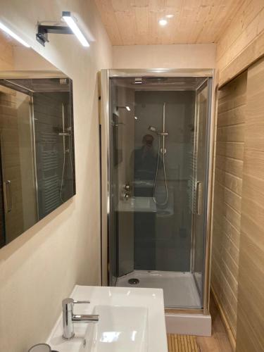 La salle de bains est pourvue d'une douche et d'un lavabo. dans l'établissement Maison Boutxy Le Clos des Ours, à Matemale