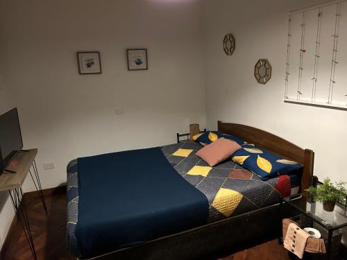 um quarto com uma cama com um edredão e almofadas azuis em Floresta I, II, III y IV Bed and Breakfast em Santiago