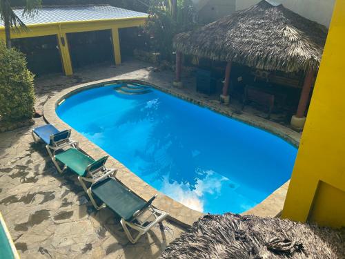 uma piscina com duas espreguiçadeiras e um telhado de palha em Coco Hotel and Hostel em Sosúa