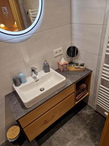 a bathroom with a sink and a mirror at Kastnerhof in Jenig