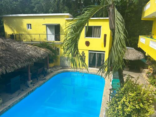 a view of a pool in front of a building at Coco Hotel and Hostel in Sosúa