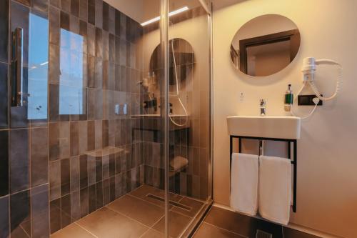 a bathroom with a shower and a sink at Alpina Hotel Gudauri in Gudauri