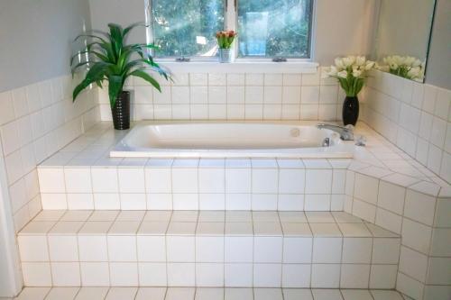a bath tub with a potted plant in a bathroom at Spectacular home with a amazing ocean - river view in Groton