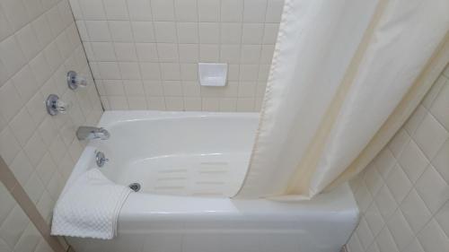 a bathroom with a toilet with a shower curtain at Heritage Inn in Uniontown