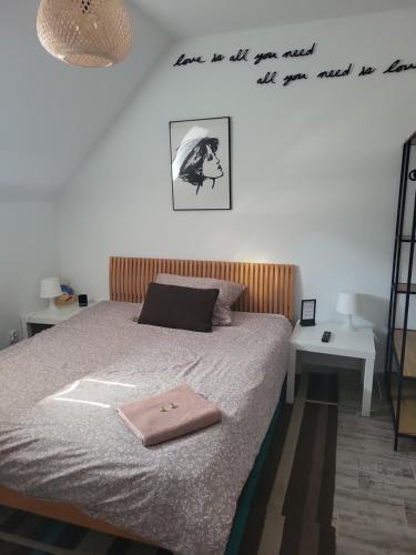 Un dormitorio con una cama con una toalla rosa. en CZEKOLADA Apt., en Krynica-Zdrój