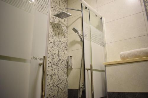 a shower with a glass door in a bathroom at Nour Hotel in Amman