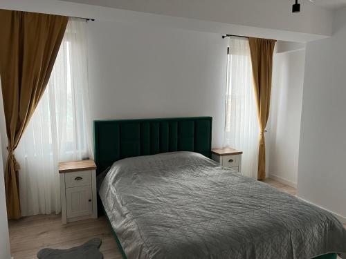 1 dormitorio con 1 cama verde y 2 ventanas en Narci Home, en Craiova