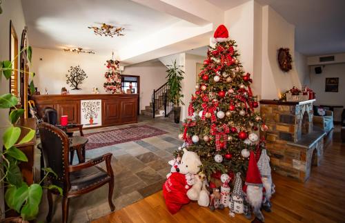 a christmas tree in the middle of a living room at Erofili Hotel & Suites in Portaria
