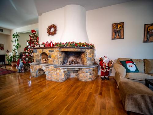 a living room with a stone fireplace with a christmas tree at Erofili Hotel & Suites in Portaria