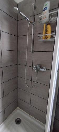 une douche avec pommeau de douche dans une salle de bain dans l'établissement Coquet 2 pièces proche de Paris, à Bagnolet