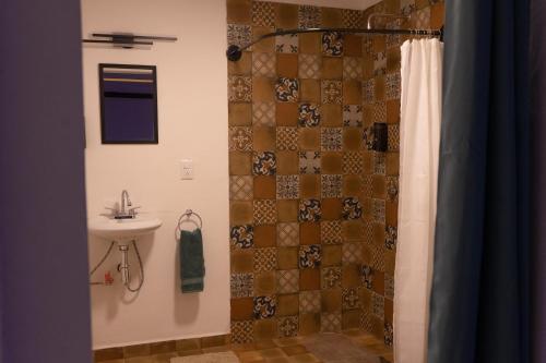 La salle de bains est pourvue d'une douche et d'un lavabo. dans l'établissement Estancia Mixtecas, à León