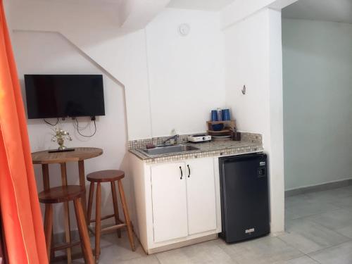 a kitchen with a counter with a sink and a dishwasher at Beach Club Budget Rooms at Popeyes Caye Caulker in Caye Caulker