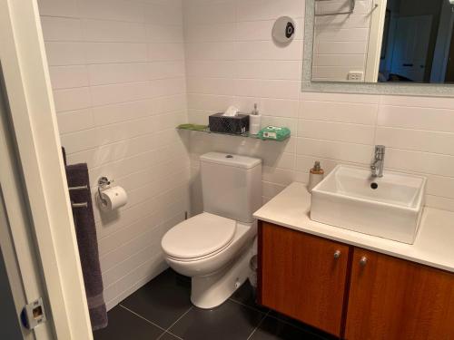 a bathroom with a white toilet and a sink at Harmony Bed & Breakfast in Fingal