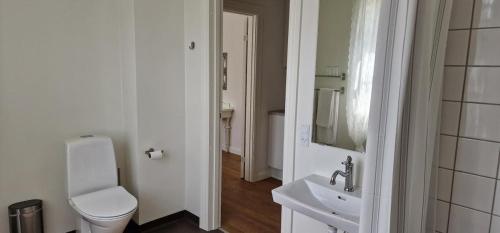 a white bathroom with a toilet and a sink at Hotel Udsigten Marstal, Lejligheder in Marstal