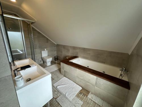 La salle de bains est pourvue d'une baignoire, d'un lavabo et de toilettes. dans l'établissement Acogedora casa con tinaja y jacuzzi y RENT A CAR, à Puerto Varas