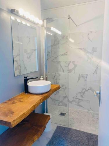 une salle de bain avec un lavabo et une douche en verre dans l'établissement 029- Appart 1 chambre, vue sur Mer, 1ère ligne *, à Mauguio