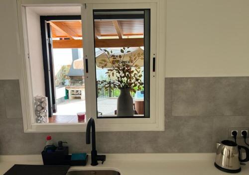 uma janela sobre um lavatório de cozinha com um vaso em Casa Amelia em Las Palmas de Gran Canaria