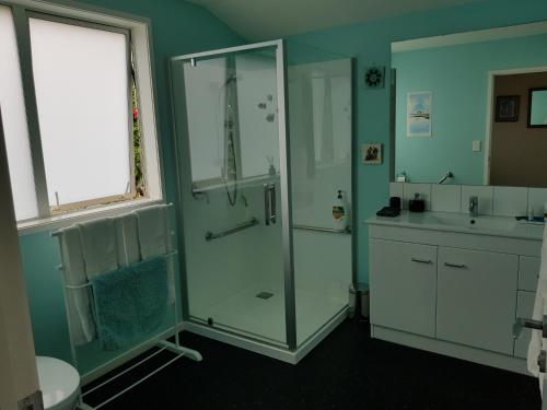 a bathroom with a glass shower and a sink at TayFord Cottage in Waipu