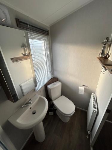a bathroom with a white toilet and a sink at Seton Sands Muirfield 6 in Port Seton