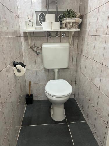 a bathroom with a toilet with a shelf above it at Apartman Banja Luka CITY in Banja Luka